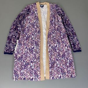 Lands'‎ End Cardigan Duster Sweater Open Front XLT Purple Paisley Long Cotton